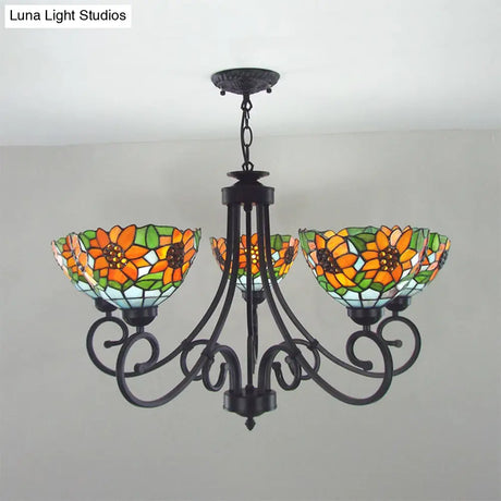 Rustic Sunflower Chandelier Pendant Light With Stained Glass Bowl Shade - 5 Lights In Orange