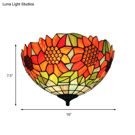 Rustic Sunflower Stained Glass Flush Mount Light In Orange For Dining Room