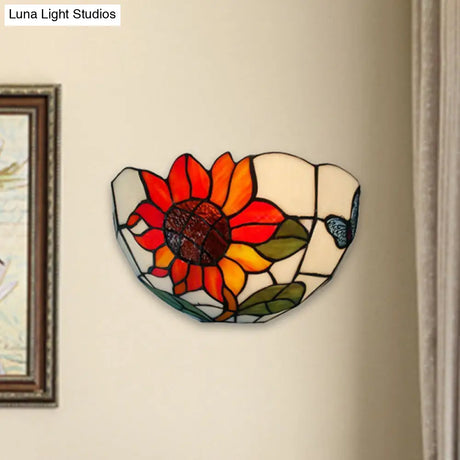 Rustic Tiffany Sunflower Wall Sconce With Stained Glass Bowl Shade
