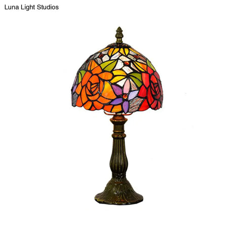 Rustic Vintage Glass Dome Table Lamp With Flower/Sunflower Design - Bedroom Lighting In Multi Color