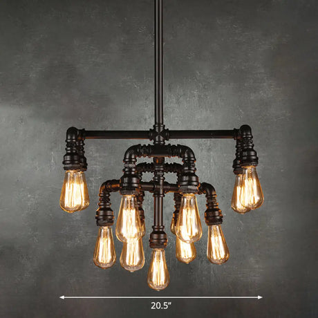 Rustic Water Pipe Iron Chandelier With 13 Lights In Black