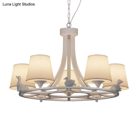 Rustic White Chandelier Lamp With 5 Fabric Cone Pendant Lights And Duck Decoration For Living Room