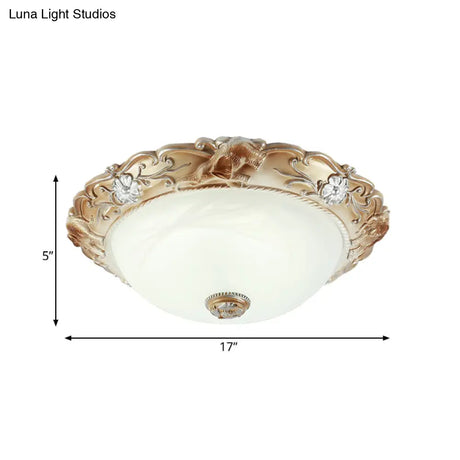 Rustic White Glass Bowl Flush Mount Light With Carved Edge - 2/3 Bulbs 13’/17’ Wide