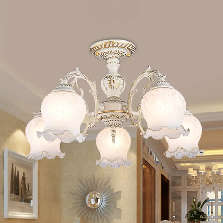 Rustic White Glass Semi Flush Mount Light Fixture With Beige Finish - Flower Living Room 3/5/6