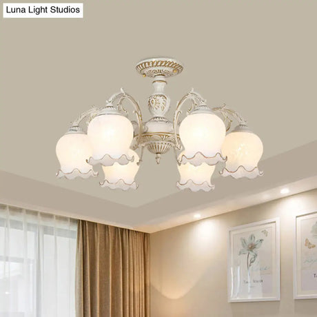 Rustic White Glass Semi Flush Mount Light Fixture With Beige Finish - Flower Living Room 3/5/6 Bulbs