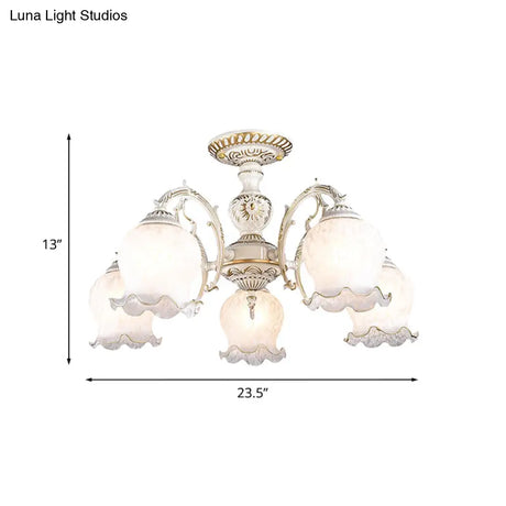 Rustic White Glass Semi Flush Mount Light Fixture With Beige Finish - Flower Living Room 3/5/6 Bulbs