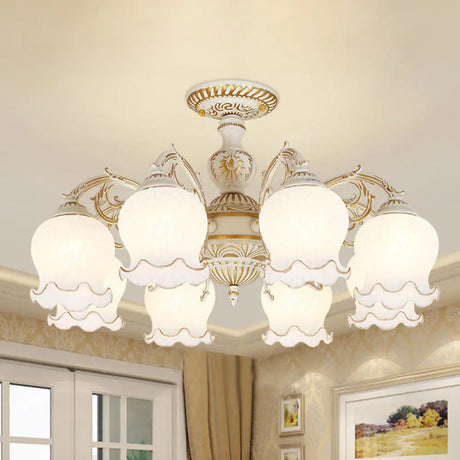 Rustic White Glass Semi Flush Mount Light Fixture With Beige Finish - Flower Living Room 3/5/6