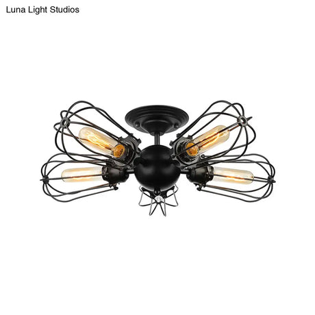 Rustic Wire Frame Ceiling Light - Vintage Bulb Shape With 3/5 Metal Lights In Black For Farmhouse