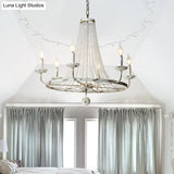 Rustic Wood Bead Chandelier With Clear Crystals - Vintage Wagon Wheel Pendant Light For Living Room