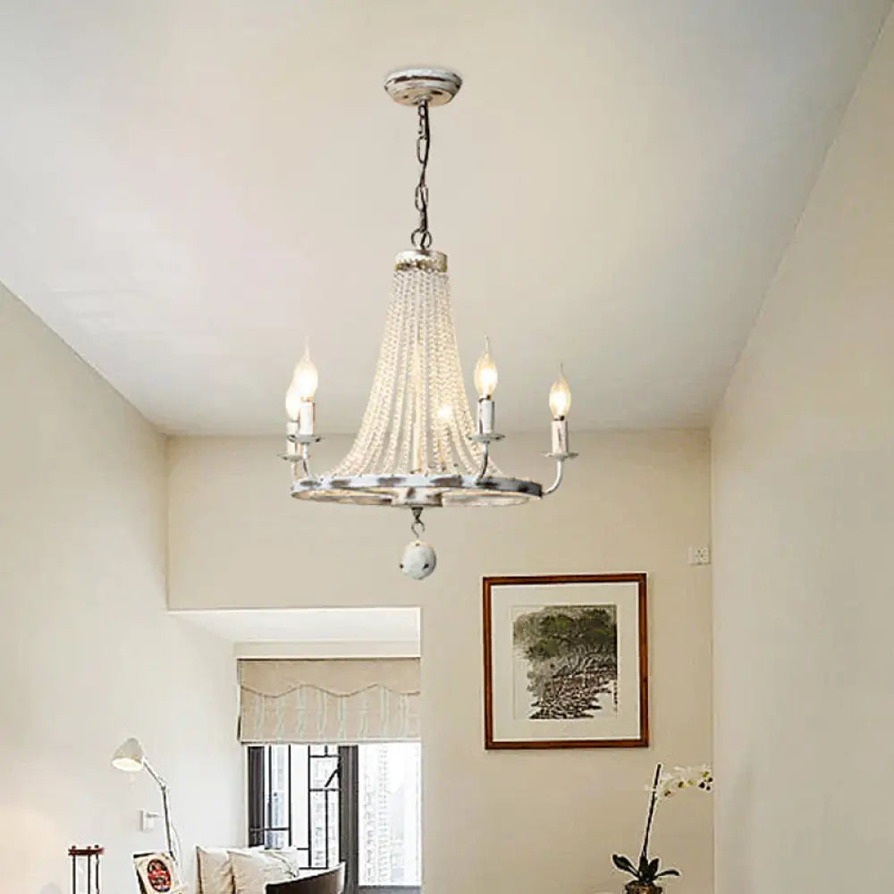 Rustic Wood Bead Chandelier With Clear Crystals - Vintage Wagon Wheel Pendant Light For Living Room