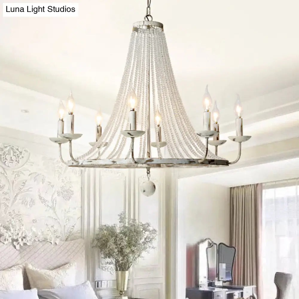 Rustic Wood Bead Chandelier With Clear Crystals - Vintage Wagon Wheel Pendant Light For Living Room