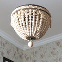 Rustic Wood Beaded Dome Flushmount Chandelier - 3 Bulb Ceiling Mount For Dining Table