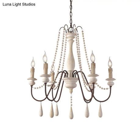 Rustic Wood Chandelier With 6 Bulbs And Bead Strand - Rural Candle Pendulum Light In White