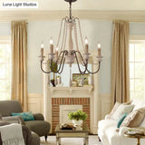 Rustic Wood Chandelier With 6 Bulbs And Bead Strand - Rural Candle Pendulum Light In White