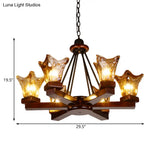 Rustic Wood Flower Chandelier With Tan Textured Glass 4/6 Lights Dining Pendant In Red Brown