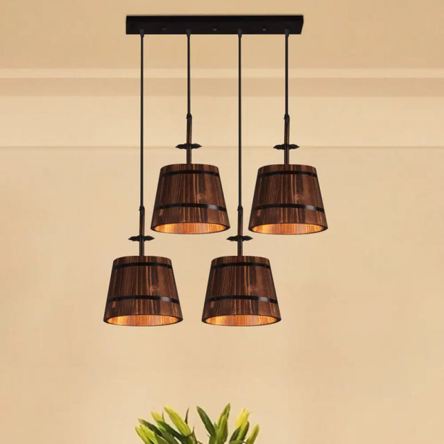 Rustic Wood Pendant Light With 4 Coolie-Shade Heads For Restaurants - Brown Black / Linear