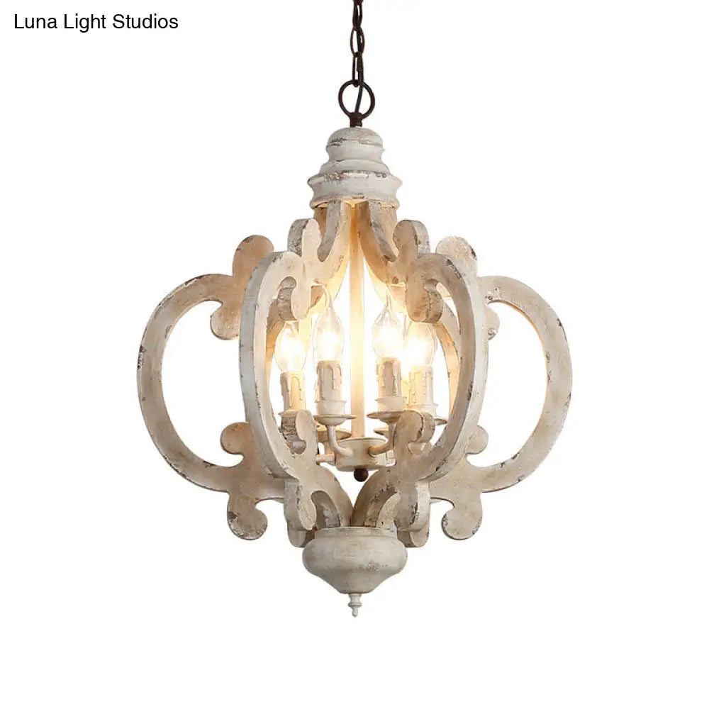 Rustic Wood Quatrefoil Cage Chandelier With 6 Distressed White Lights - Bedroom Hanging Lighting