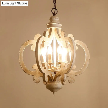 Rustic Wood Quatrefoil Cage Chandelier With 6 Distressed White Lights - Bedroom Hanging Lighting