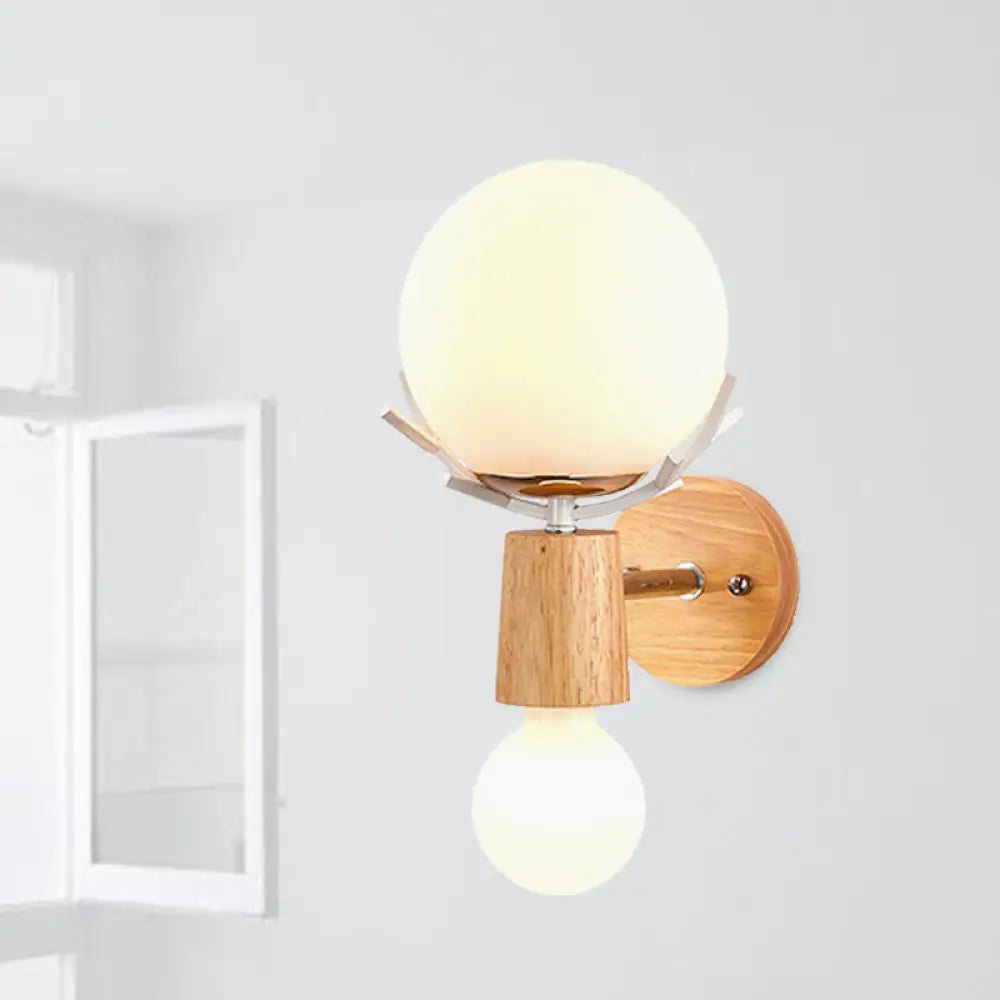 Rustic Wood Wall Lamp With Antler Accents - White Globe Sconce Light For Stairways