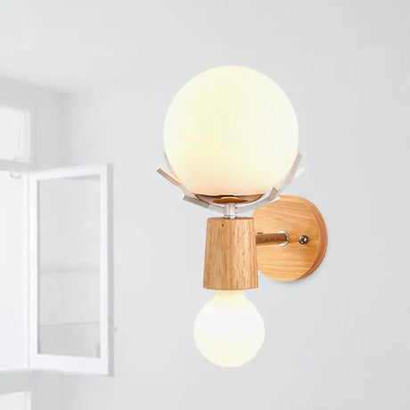 Rustic Wood Wall Lamp With Antler Accents - White Globe Sconce Light For Stairways