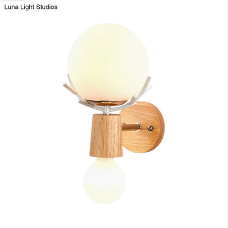 Rustic Wood Wall Lamp With Antler Accents - White Globe Sconce Light For Stairways
