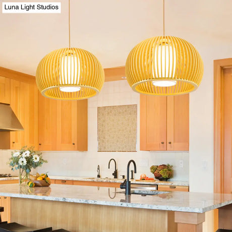 Rustic Wooden Pendant Light With Fabric Cylinder Shade