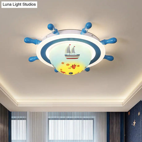 Sailboat Pattern Nautical Flush Mount Pendant Light - Blue And White Bedroom Ceiling Lighting