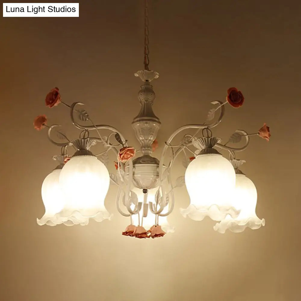 Sandblasted Glass Chandelier - 5 Bulbs Traditional White/Green Floral Design Bedroom Pendant