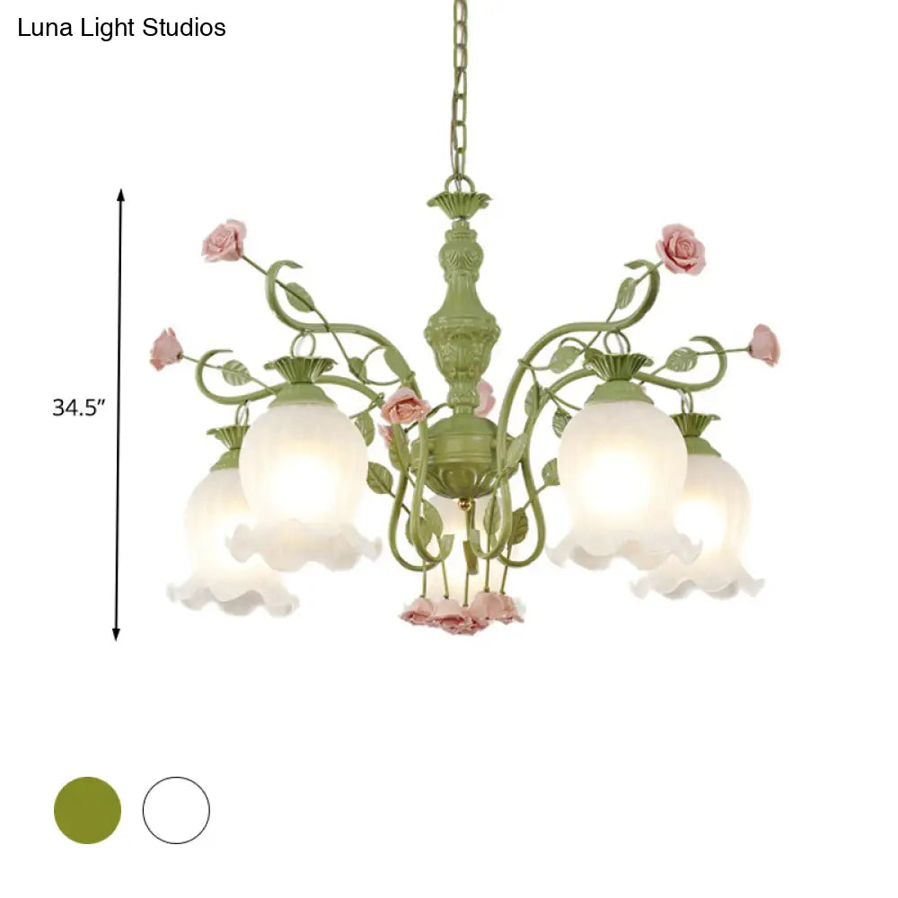 Sandblasted Glass Chandelier - 5 Bulbs Traditional White/Green Floral Design Bedroom Pendant