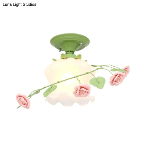 Scalloped Ceiling Flush Mount With Traditional White/Green Satin Opal Glass - Semi Lighting