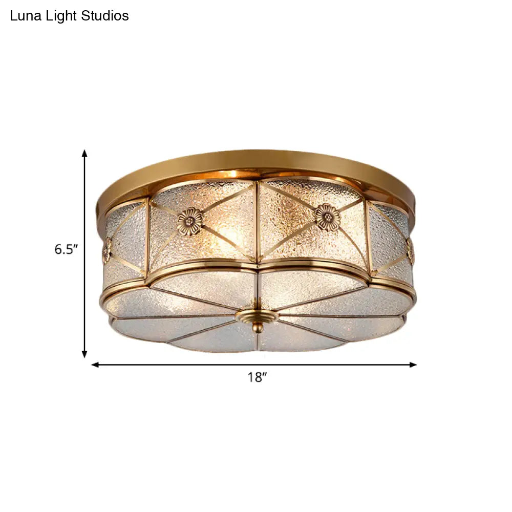 Scalloped Glass Bedroom Flush Mount Light - 14’/18’ W Colonial Brass Lamp With Seedy Shade