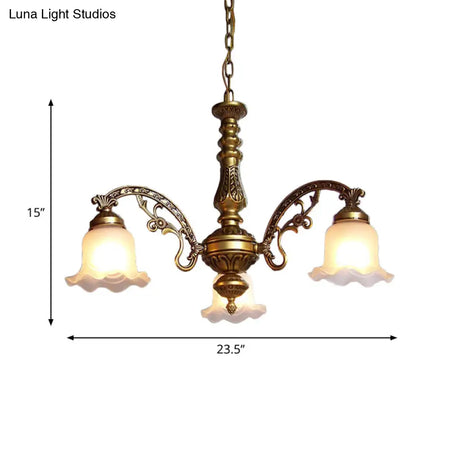 Scalloped Shade Brass Ceiling Chandelier With Frosted Textured Glass - Perfect For Dining Rooms 3/6