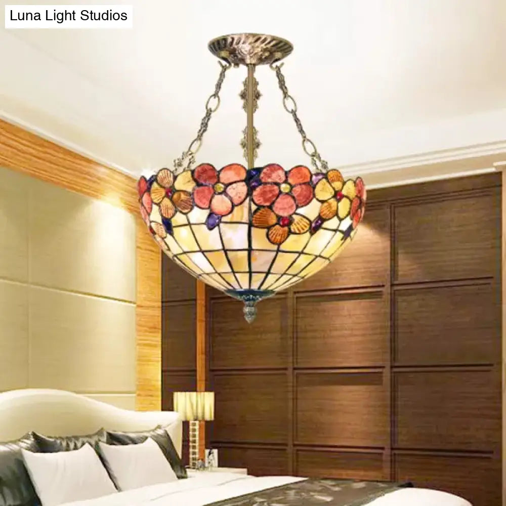 Scalloped Shade Semi Flush Stained Glass Ceiling Light Retro Style 12’/16’/20.5’ W