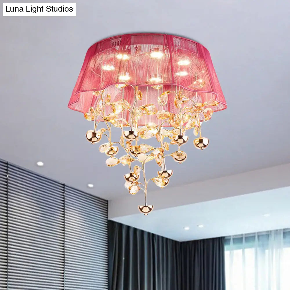 Scalloped Silver/Pink Ceiling Flush Modernist Bedroom Led Lamp With Crystal Tree Design