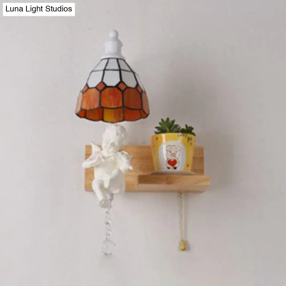 Scalloped Stained Glass Wall Sconce With Cupid Decoration - Tiffany 1-Light Fixture In Multicolor