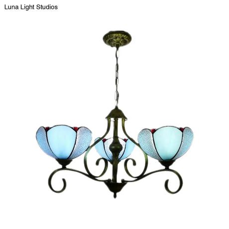 Scalloped Tiffany Chandelier: Yellow/Blue Stained Glass 3/6/8 Lights Hanging Fixture