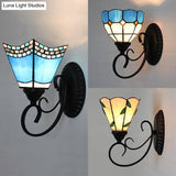 Scalloped Tiffany Stained Glass Wall Lamp - Multicolored Sky Blue/Beige/Blue-White 1 Head Fixture