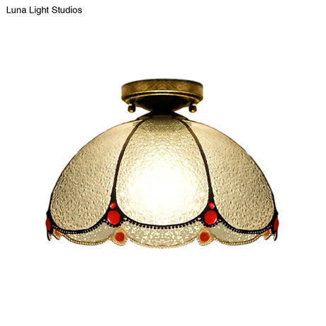 Scalloped Vintage Stained Glass Flush Mount Light - 1 In White/Beige/Blue Perfect For Living Room