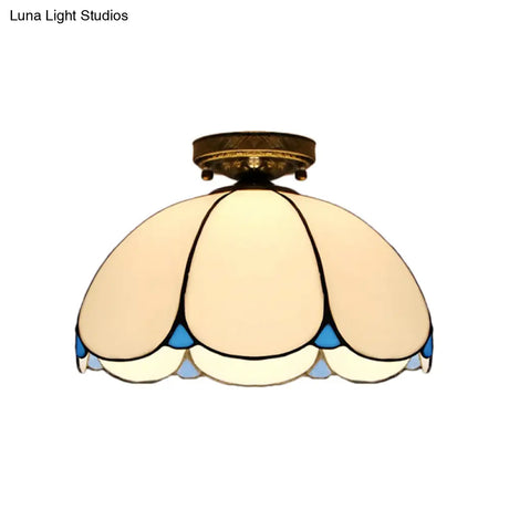 Scalloped Vintage Stained Glass Flush Mount Light - 1 In White/Beige/Blue Perfect For Living Room