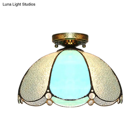Scalloped Vintage Stained Glass Flush Mount Light - 1 In White/Beige/Blue Perfect For Living Room