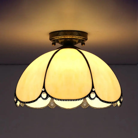 Scalloped Vintage Stained Glass Flush Mount Light - 1 In White/Beige/Blue Perfect For Living Room