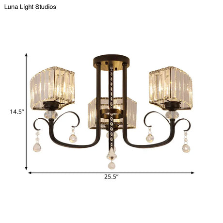 Semi Flush Black Metal Ceiling Lamp With Crystal Cuboid Shade - Swirling Arm 3/7 Heads