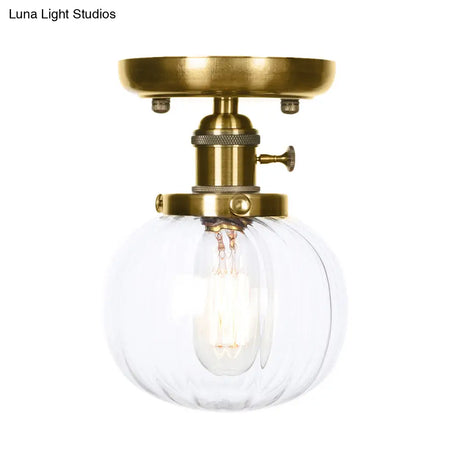 Semi Flush Bronze Globe Round Ceiling Light With Industrial Clear/Amber Glass - 1 - Light Fixture