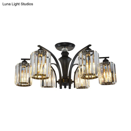 Semi Flush Clear Crystal Cylindrical Shade Light Fixture - 3/6 Bulbs Modern Design Black Ceiling