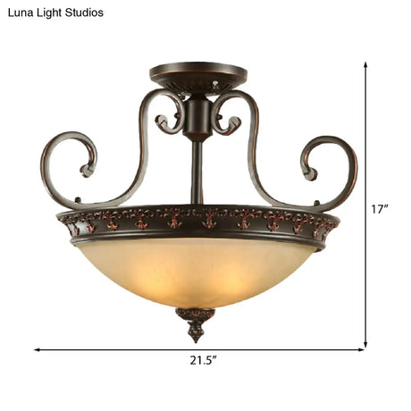 Semi Flush Corridor Ceiling Lamp With Frosted Glass Bowl Shade Traditional Brown 3-Light