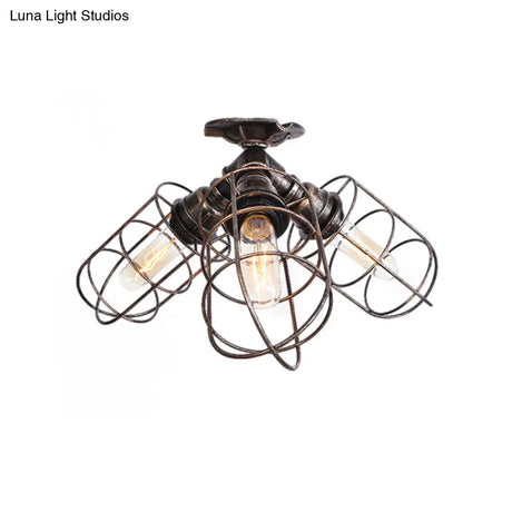 Semi Flush Farmhouse Pendant Light – Rustic Wrought Iron With Wire Frame 3 Lights Bronze/Aged Silver