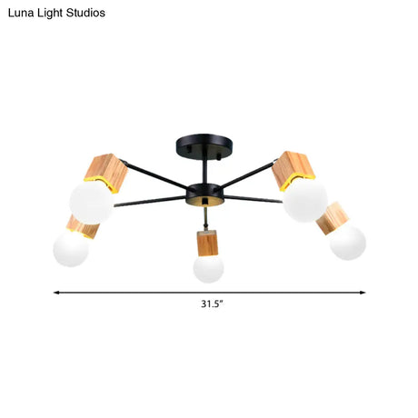 Semi Flush Industrial Ceiling Lamp With Wood Accents - 3/5-Light Metal Open Bulb Fixture For Bedroom