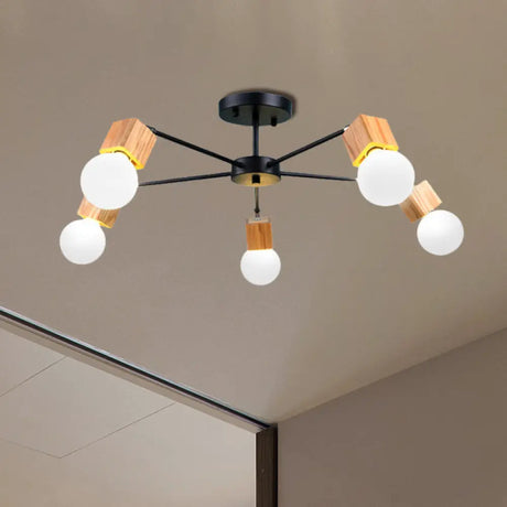 Semi Flush Industrial Ceiling Lamp With Wood Accents - 3/5-Light Metal Open Bulb Fixture For