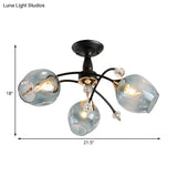 Semi Flush Mount Bedroom Light With Amber/Blue Glass Shade - Modernist Black Led Ceiling Fixture