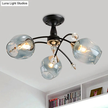 Semi Flush Mount Bedroom Light With Amber/Blue Glass Shade - Modernist Black Led Ceiling Fixture